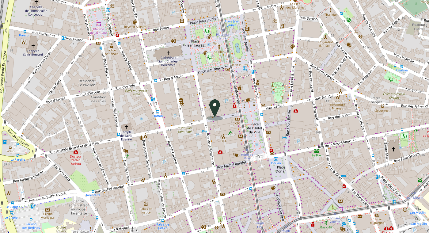 Carte OpenStreetMap situant Gandot au 6 rue Aristide Briand et de la Paix, Saint-Etienne